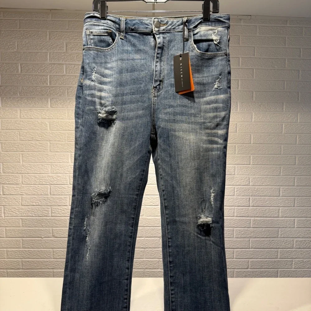 RISEN Los Angeles Women's Vintage Washed Straight Leg Ripped Distressed Jeans